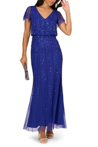 Adrianna Papell - V-neckline Sheer Flutter Sequin Dress