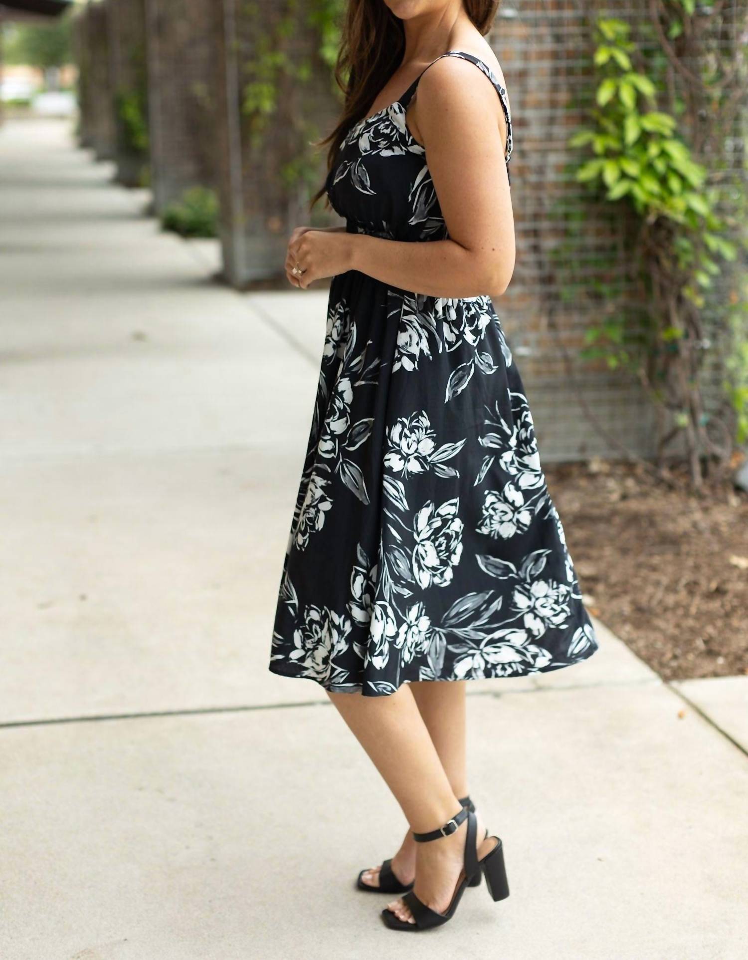 Michelle Mae Cassidy Midi Dress in black and white floral - women's dress - detail view