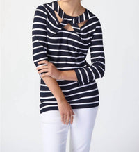Joseph Ribkoff - Striped Cutout Detail 3/4 Sleeve Top