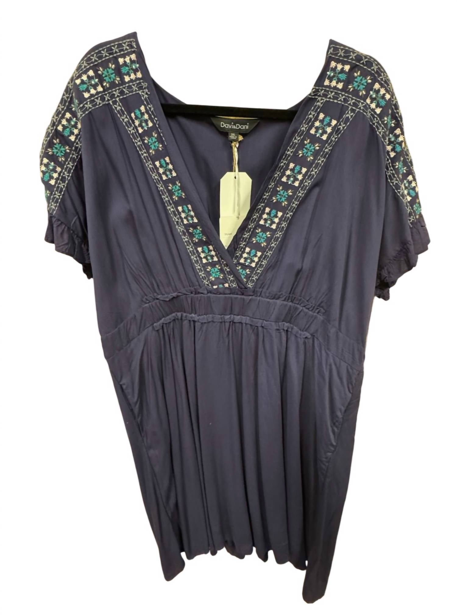 DAVI & DANI Women's Floral V Neck Dress in navy - women's dress