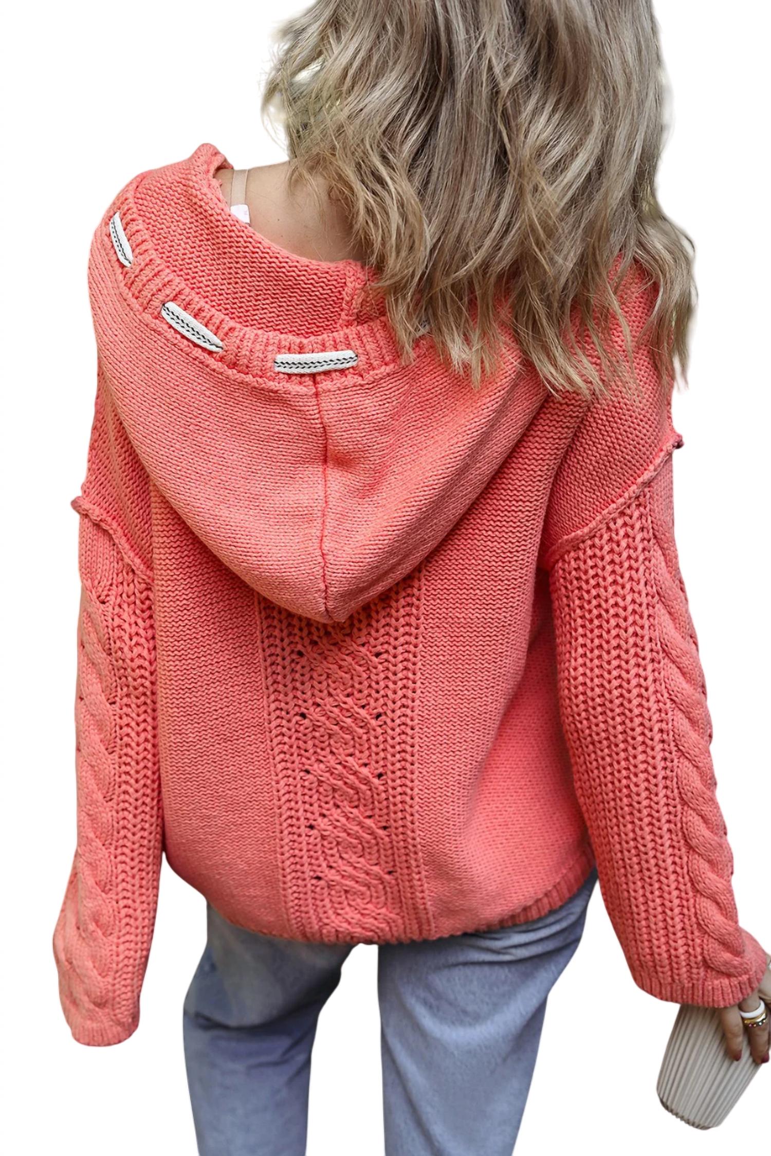 Sweet Lover Fashion - Coral Knit Drawstring Hooded Sweater