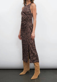 GREYLIN Marli Ruched Tie Front Midi Dress in brown - women's dress - detail view