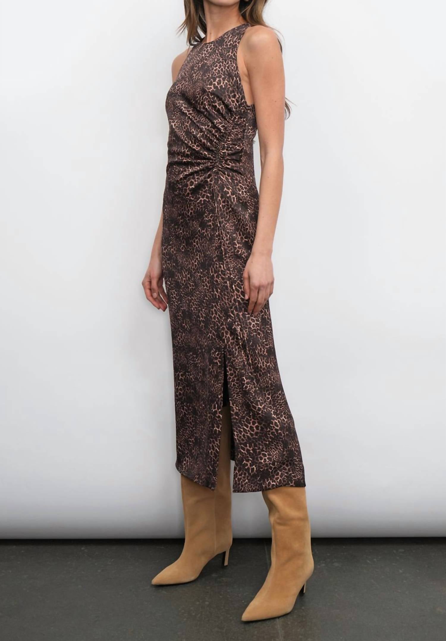 GREYLIN Marli Ruched Tie Front Midi Dress in brown - women's dress - detail view