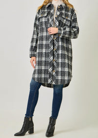 mystree Fringe Placket Detail Plaid Long Jacket in black - women's jacket