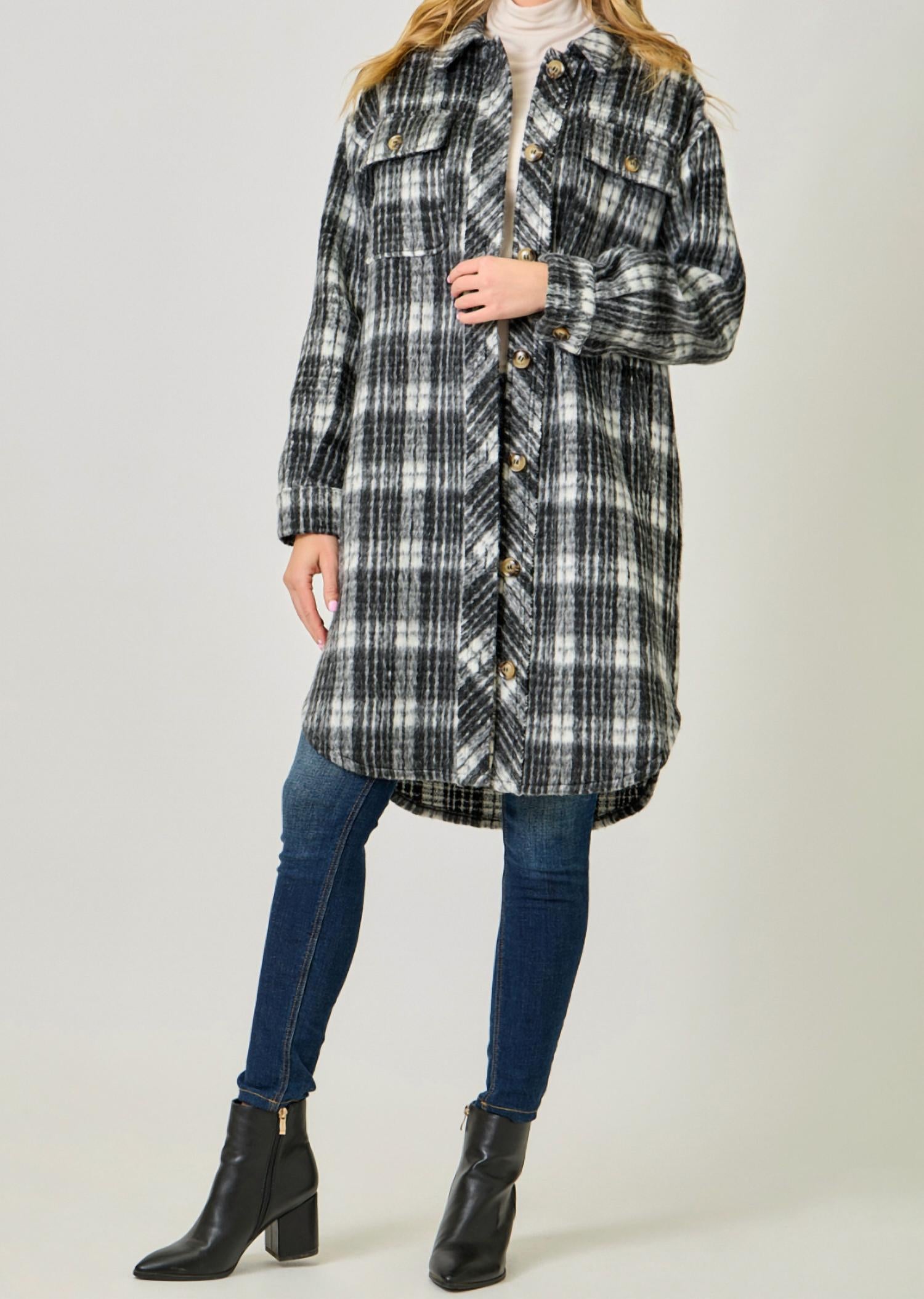mystree Fringe Placket Detail Plaid Long Jacket in black - women's jacket