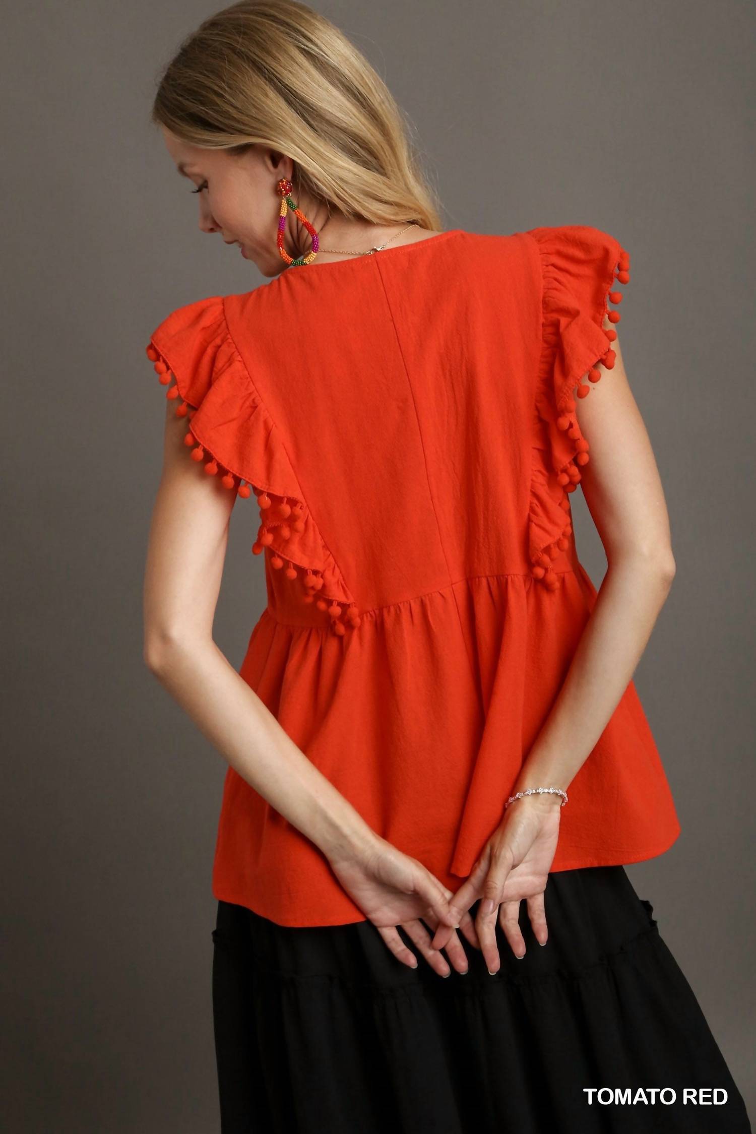 Umgee - Floral Embroidery Pom Pom Trim Top