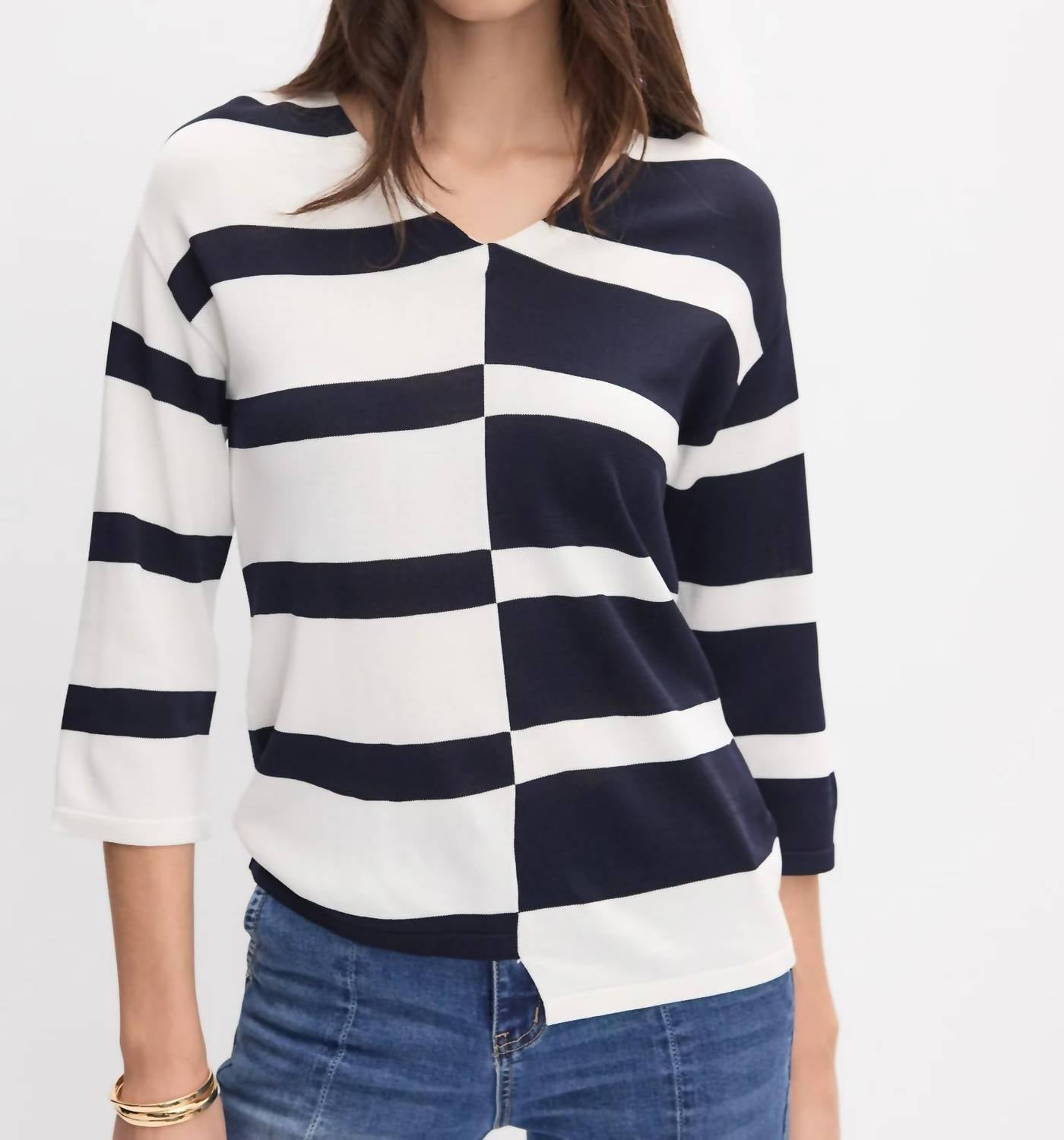 Joseph Ribkoff - Striped Knit V-neck Pullover Sweater