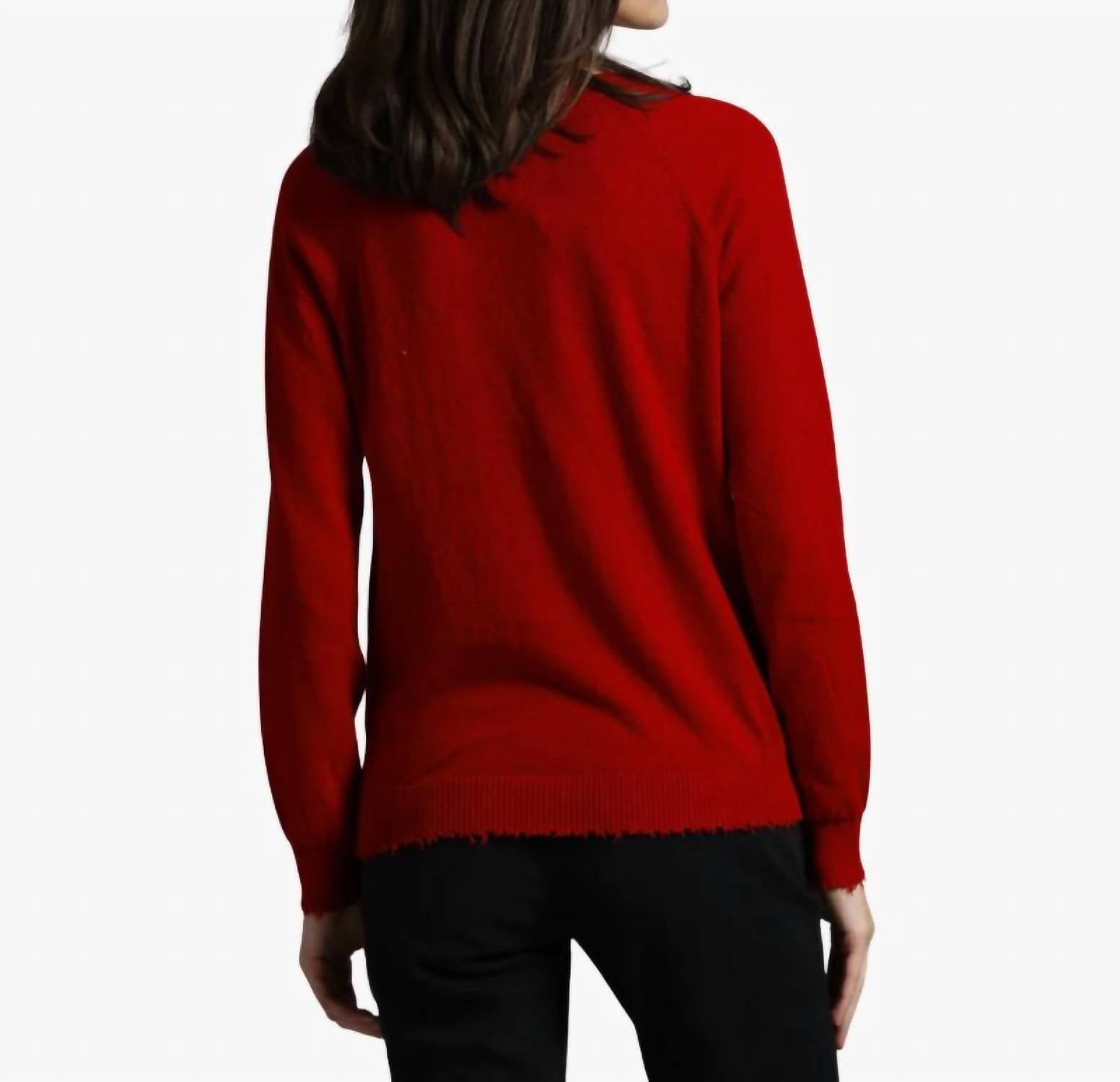 Minnie Rose - Cotton Cashmere Frayed Edge V-neck Sweater