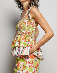Pol - Shirred Ruffle Adjustable Strap Printed Sleeveless Top