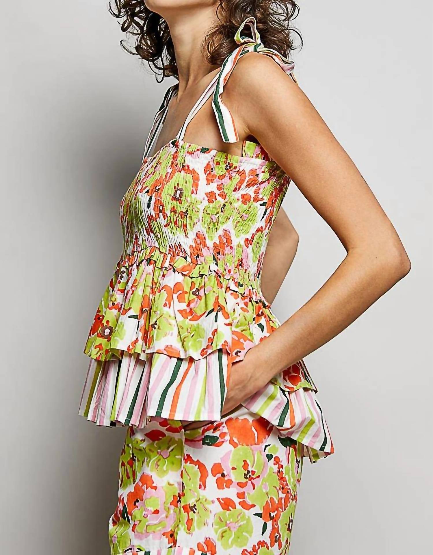 Pol - Shirred Ruffle Adjustable Strap Printed Sleeveless Top