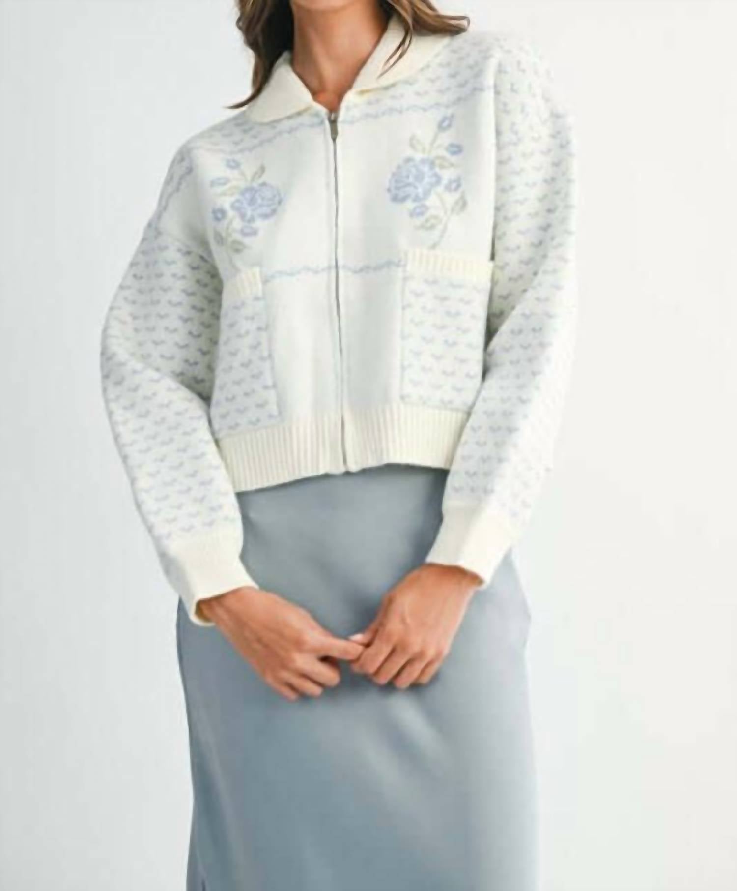 Mable - Audrey Rose Print Jacquard Knit Zip Up Cardigan Jacket