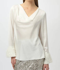 Joseph Ribkoff Cowl Neck Fringe Cuff Satin Top in winter white - women's blouse