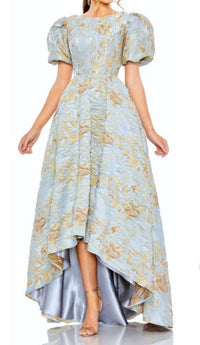 MAC DUGGAL Floral Jacquard High Low Evening Gown in blue and gold - women's dress
