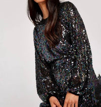 Apricot - Sequin Puff Sleeve Tie Waist Mini Dress