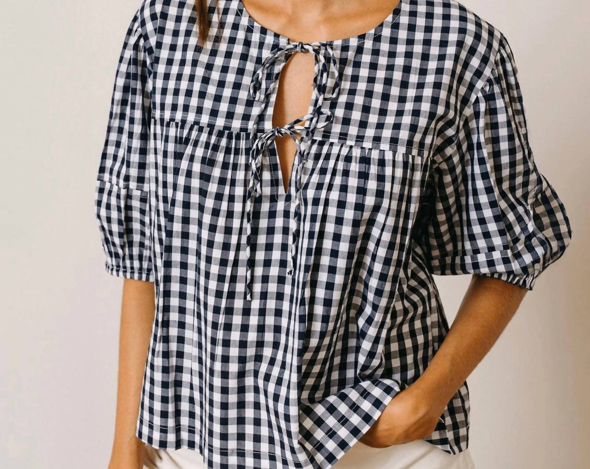 Sunshine Tienda Gingham Mira Top in navy - women's blouse - alternate view