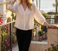 Karen Kane Lantern Sleeve Crystal Rhinestone Button Satin Top in cream - women's blouse - view 8
