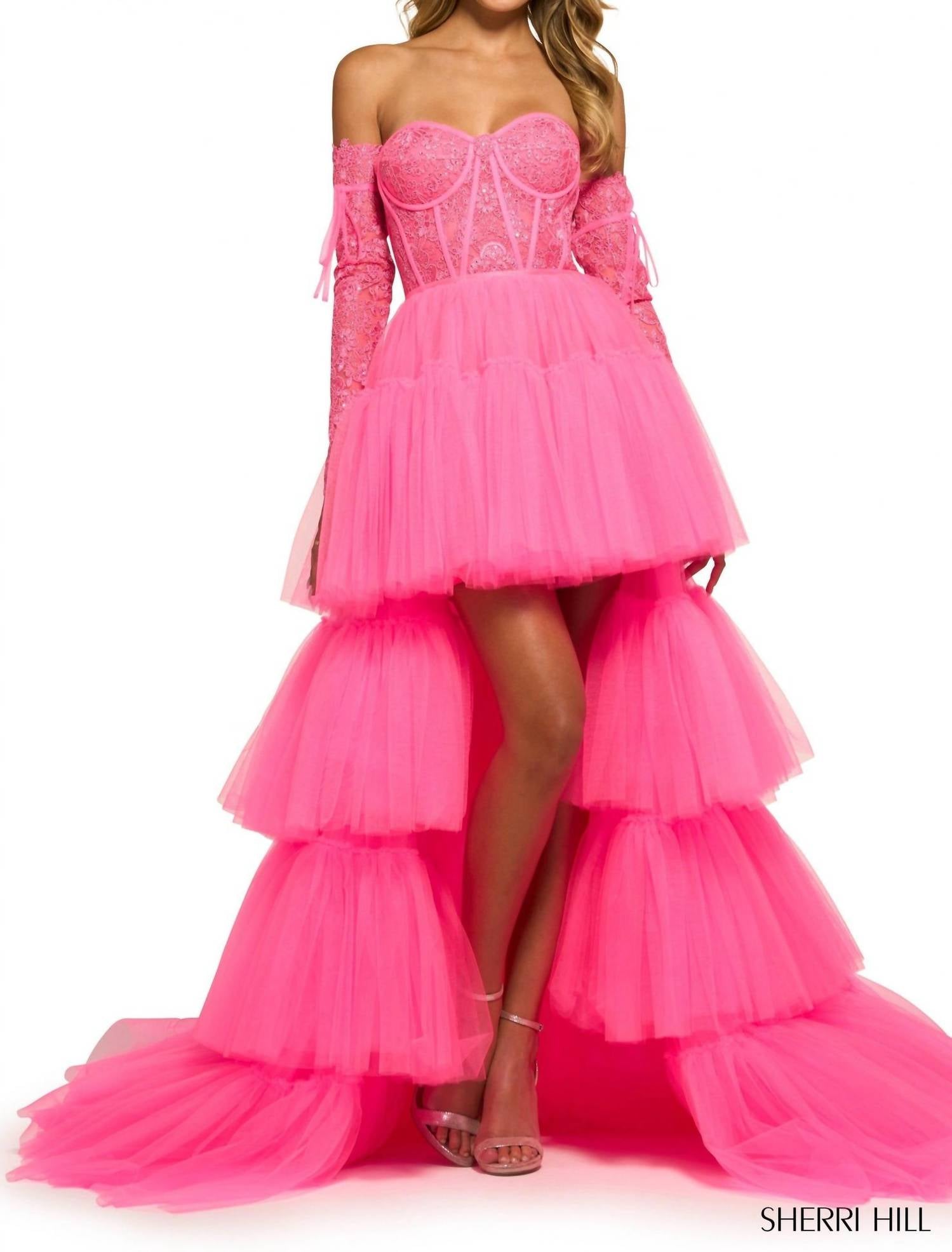 Sherri Hill Layered Skirt High Low Dress in bright fuchsia - women's dress