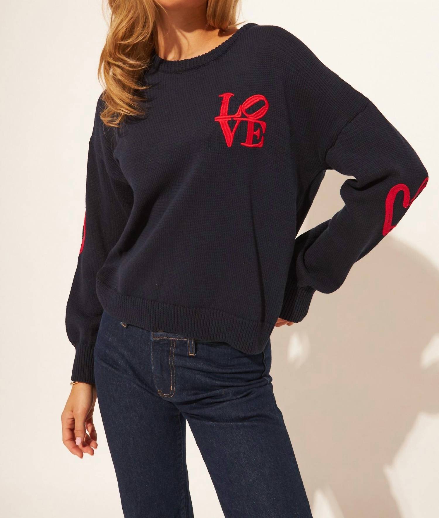 JOHN + JENN Embroidered Love Crewneck Sweater in navy - women's sweater