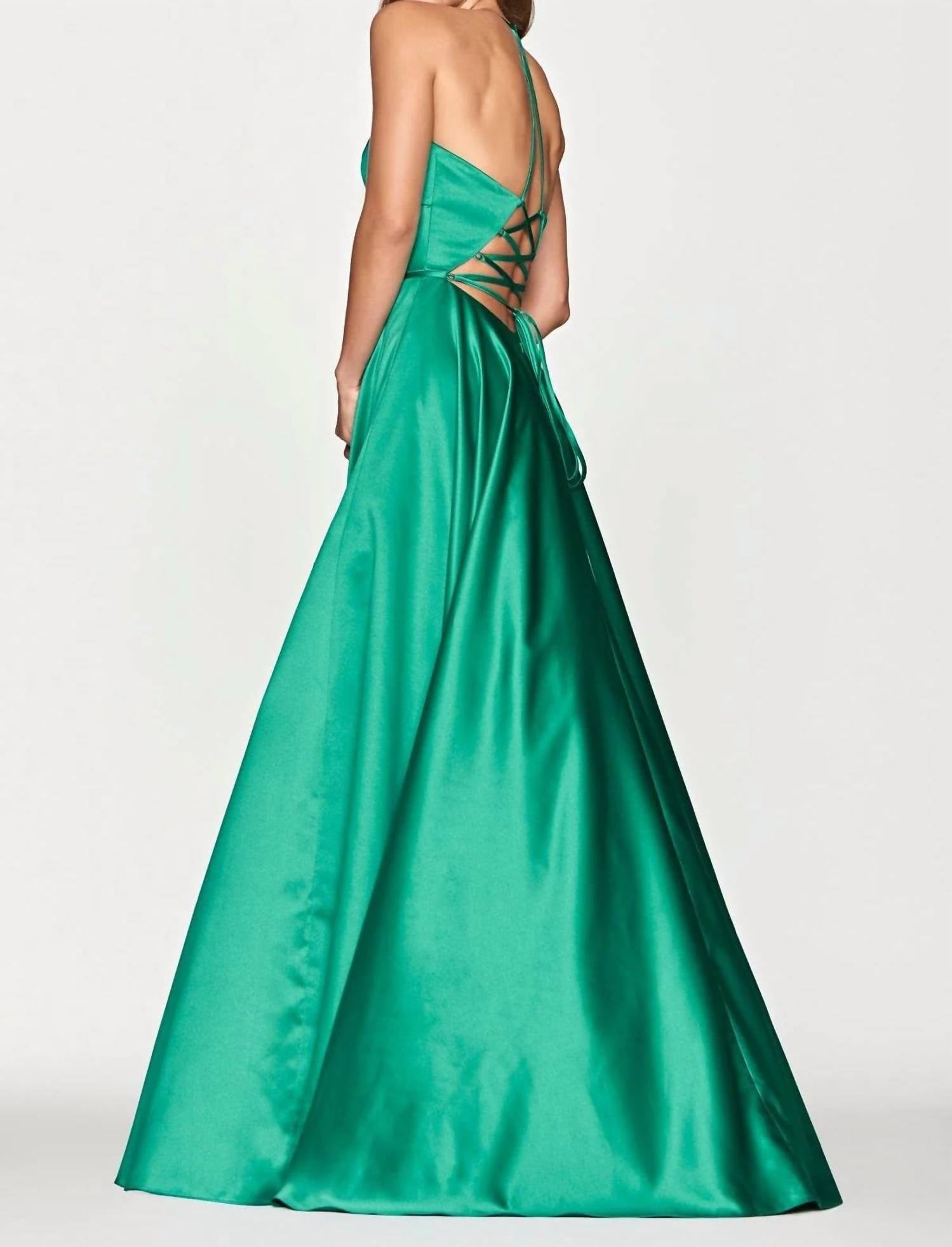 FAVIANA Satin Evening Gown in jade - women's dress - detail view