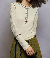 Pol - Round Neck Solid Cut Sew Knit Mix Top