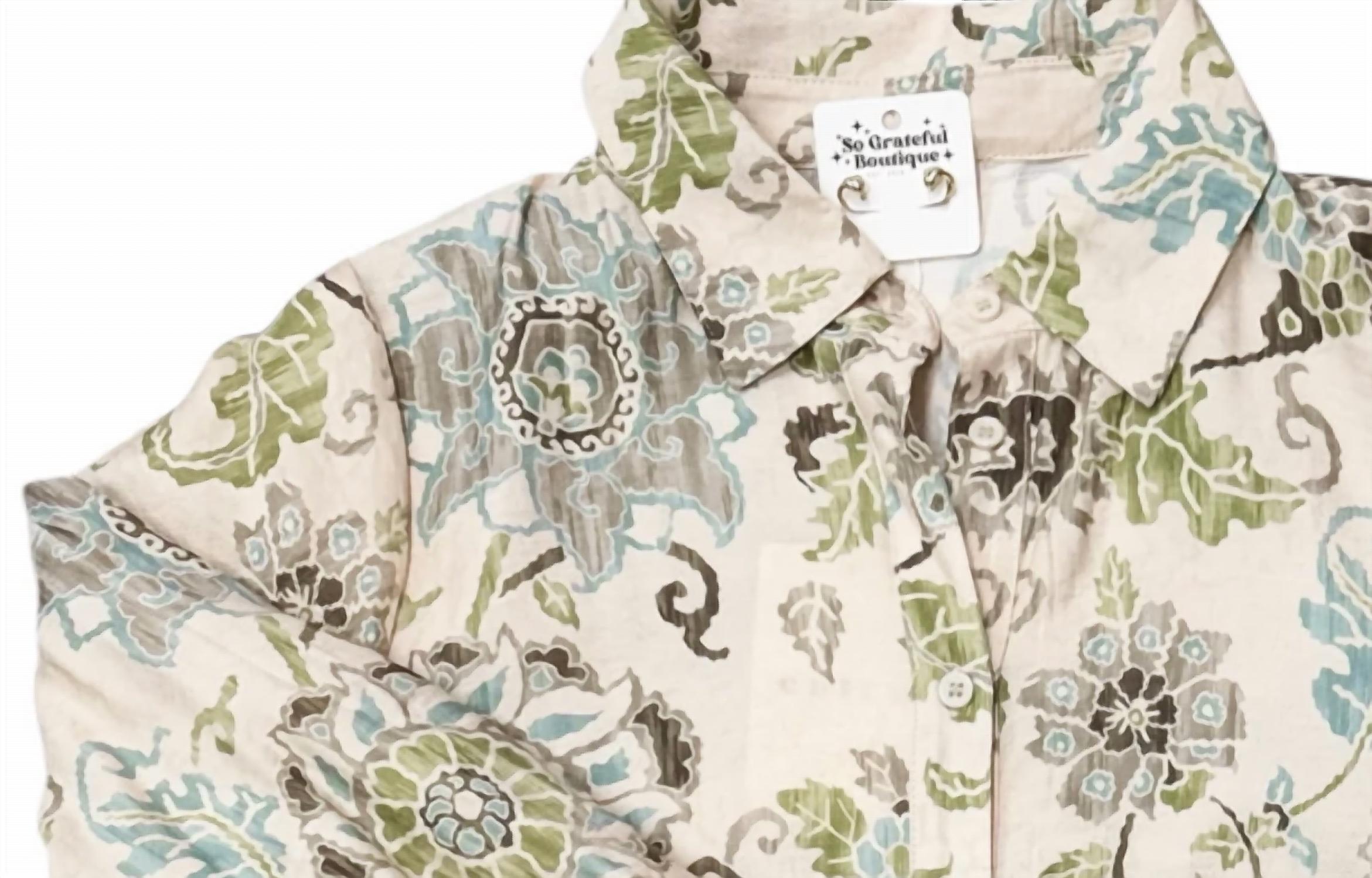 entro Women's Floral Button Up Top in jade - women's blouse - detail view