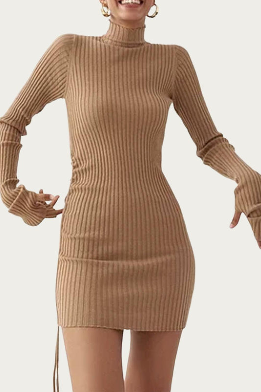 RIBBED-KNIT TURTLENECK MINI DRESS