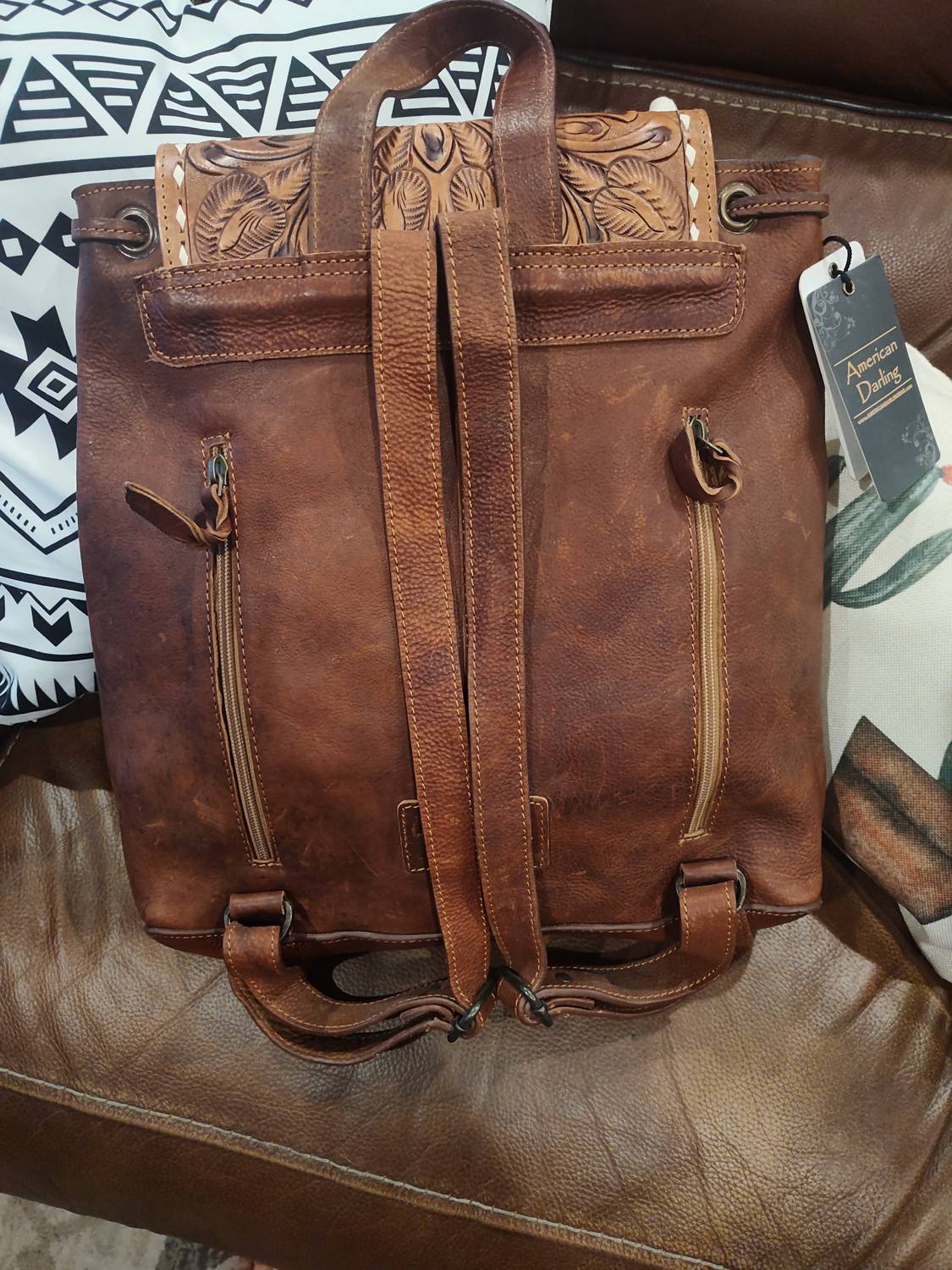 American Darling Cowhide Leather Backpack in tan - women's bag - detail view