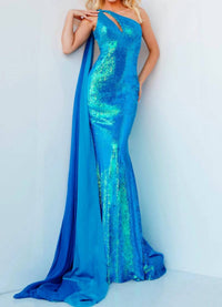 JOVANI Sequin One-shoulder With Cape Gown in iridescent royal - women's dress
