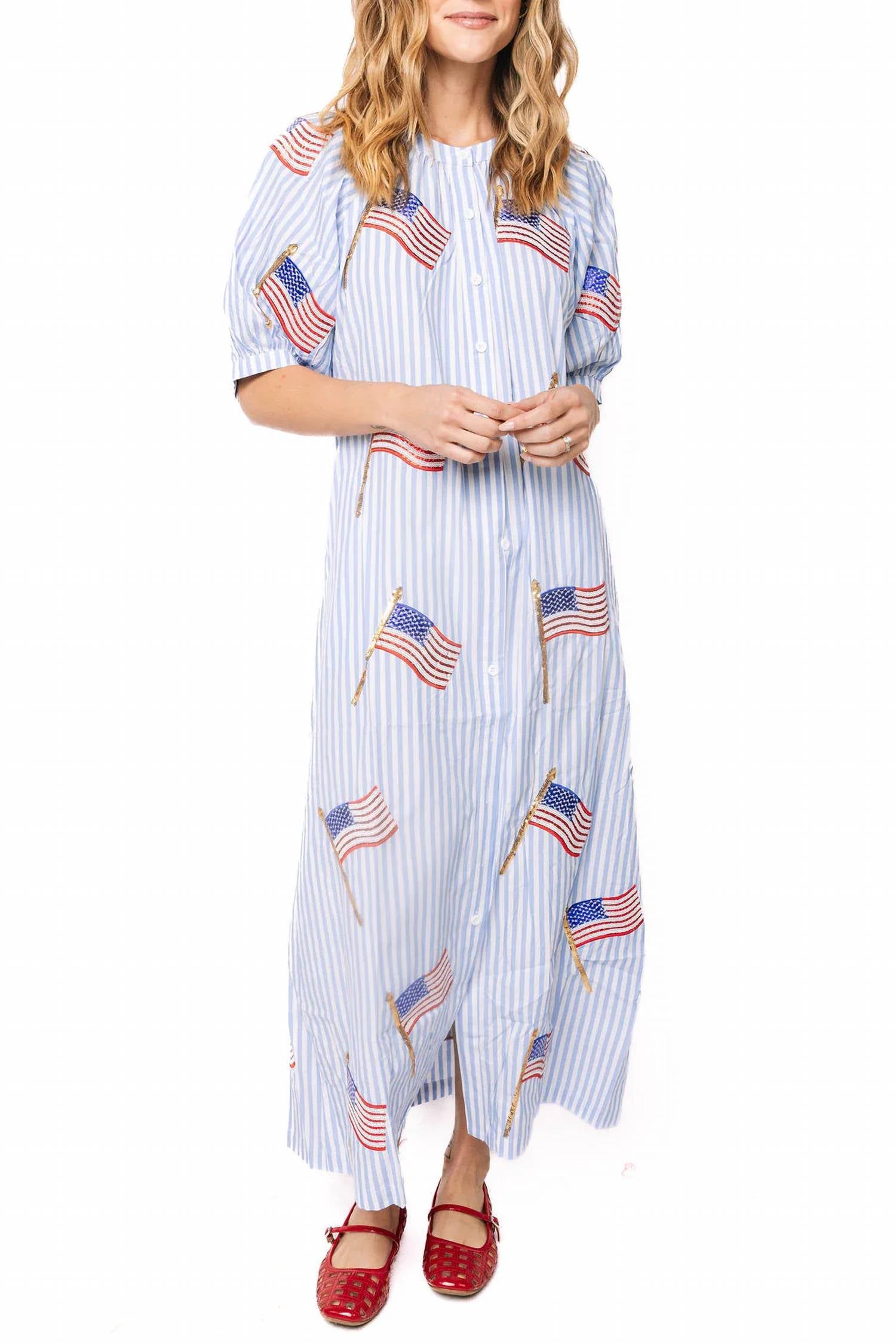 Queen Of Sparkles - American Flag Cotton Button Up Midi Dress