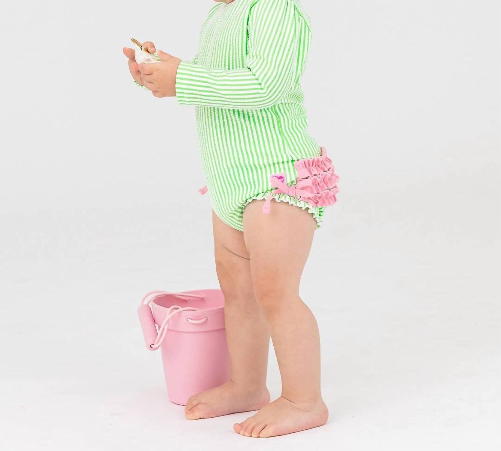 Rufflebutts - Seersucker Long Sleeve One Piece Ruffle Rash Guard Swimsuit