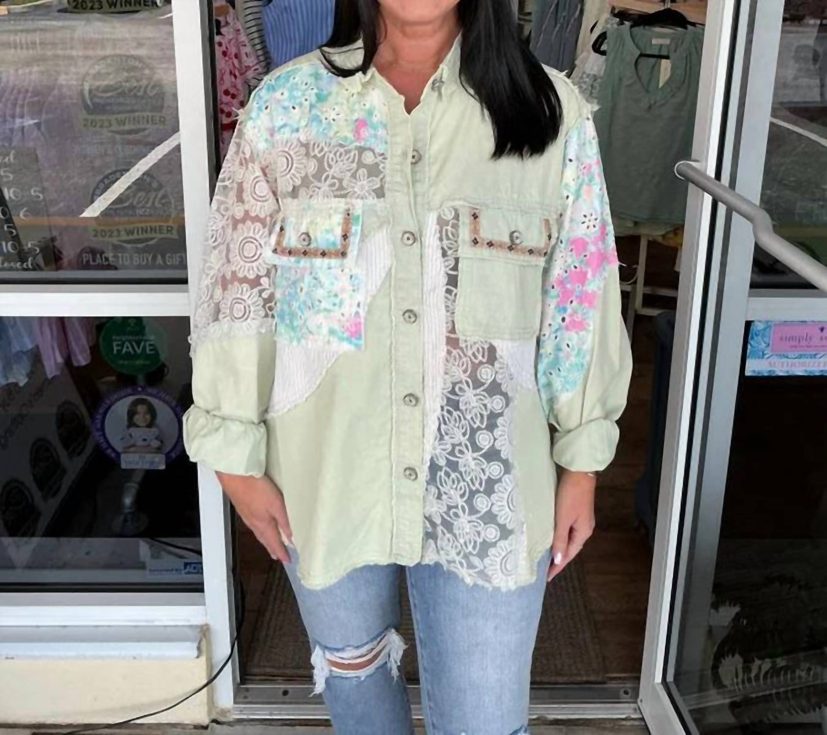 Pol - Floral Eyelet Mix Shacket Top