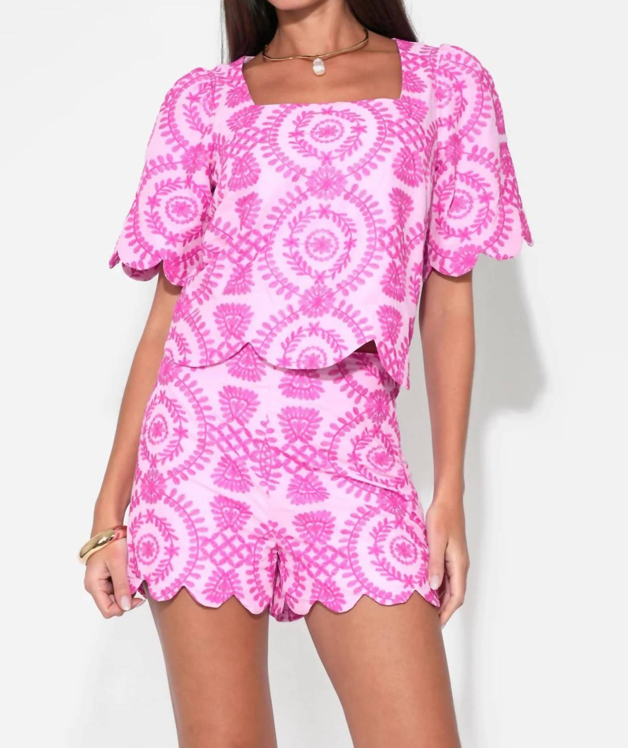 Adelyn Rae - Hadley Square Neck Embroidery Scallop Top