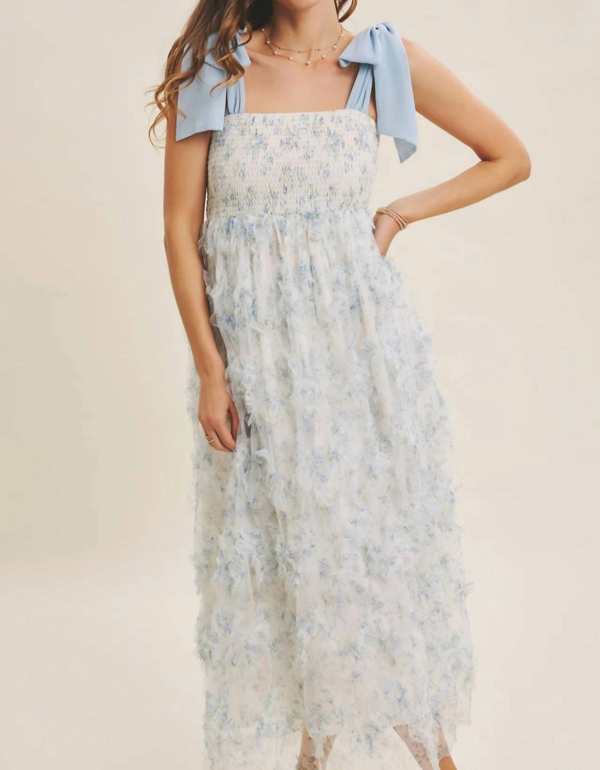 In February - Textured Floral Smocked Midi Dress