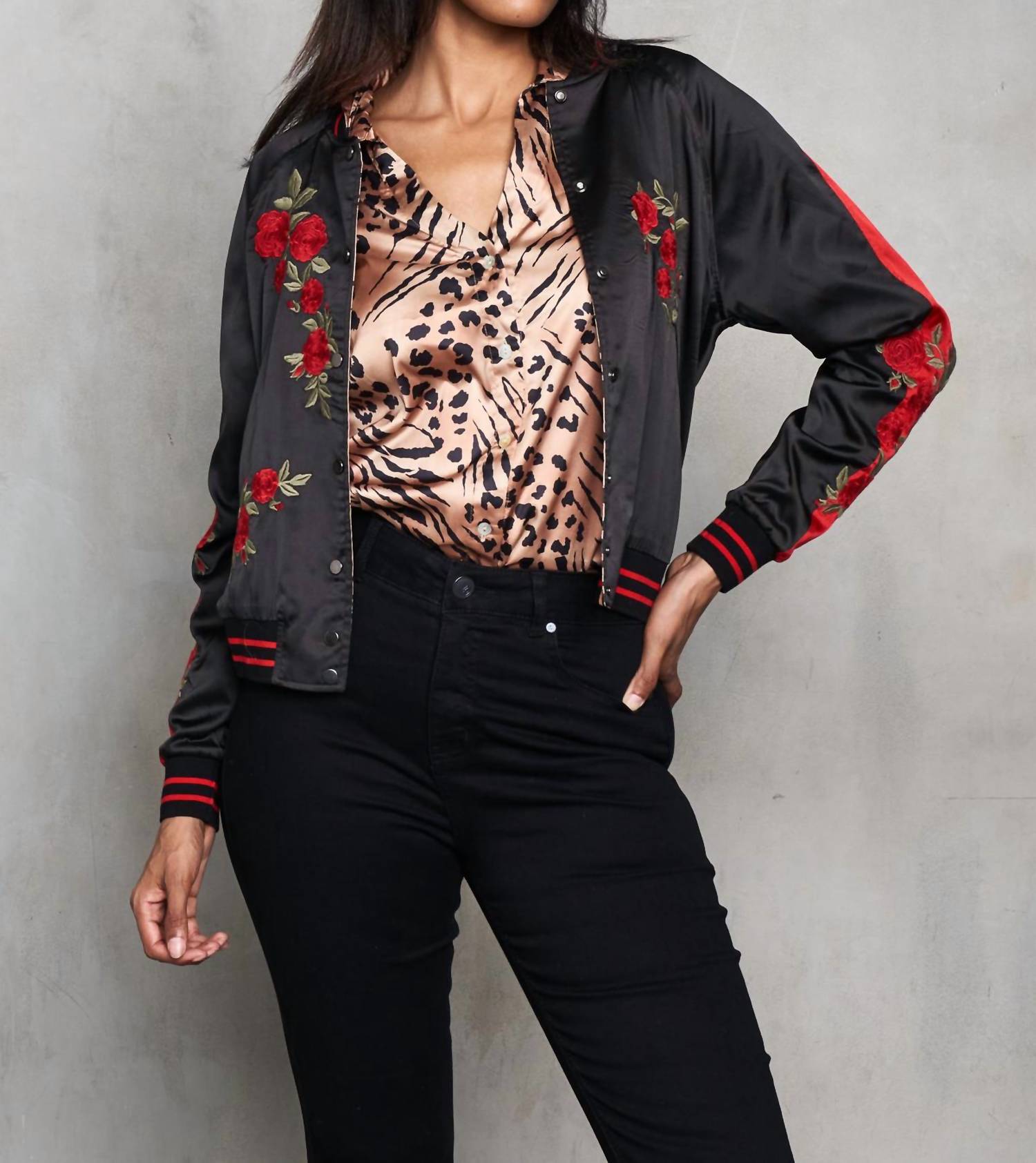 Paparazzi - Reversible Satin Embroidered to Tiger Baseball Jacket
