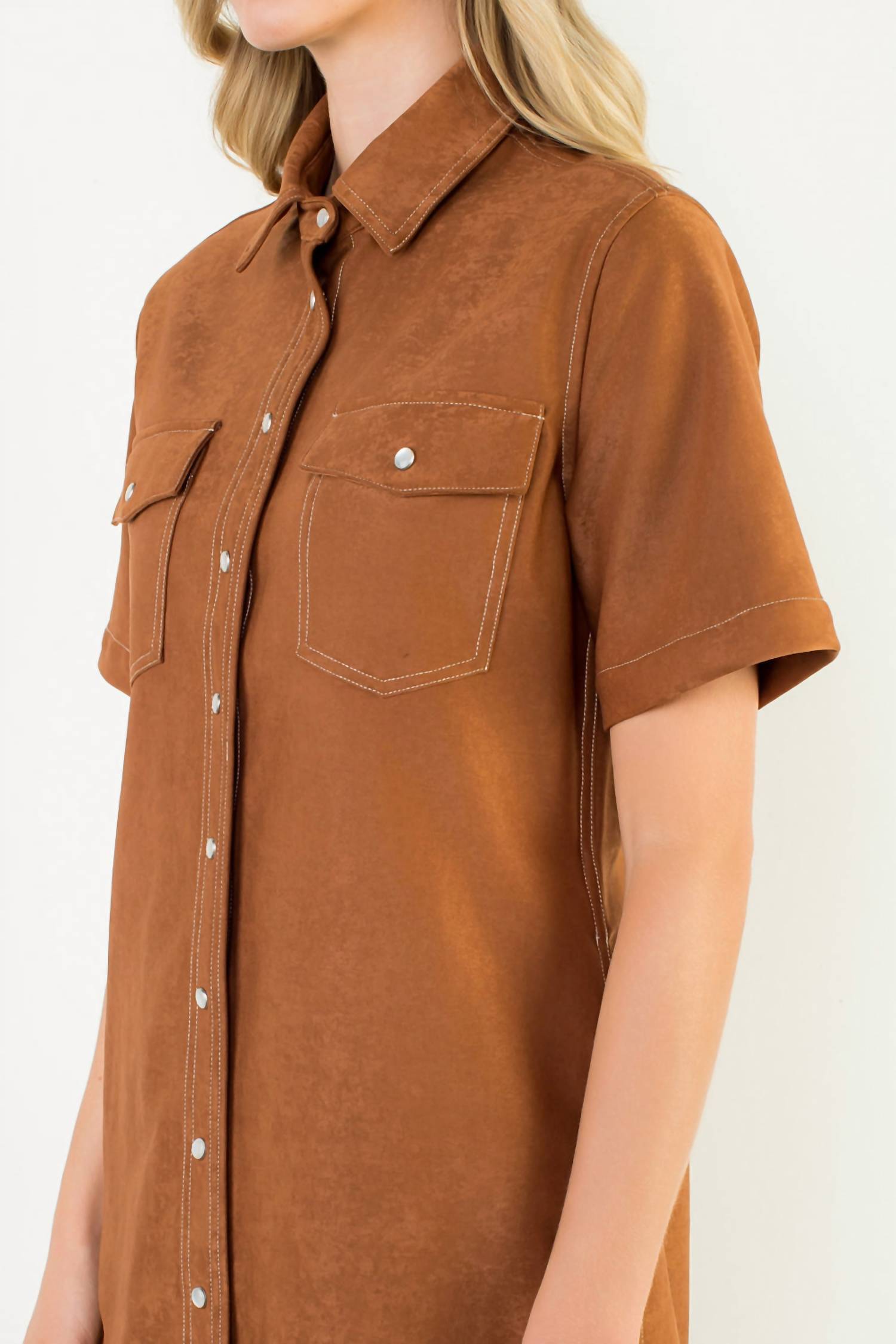 THML Short Sleeve Suede Dress in brown - women's dress - view 5