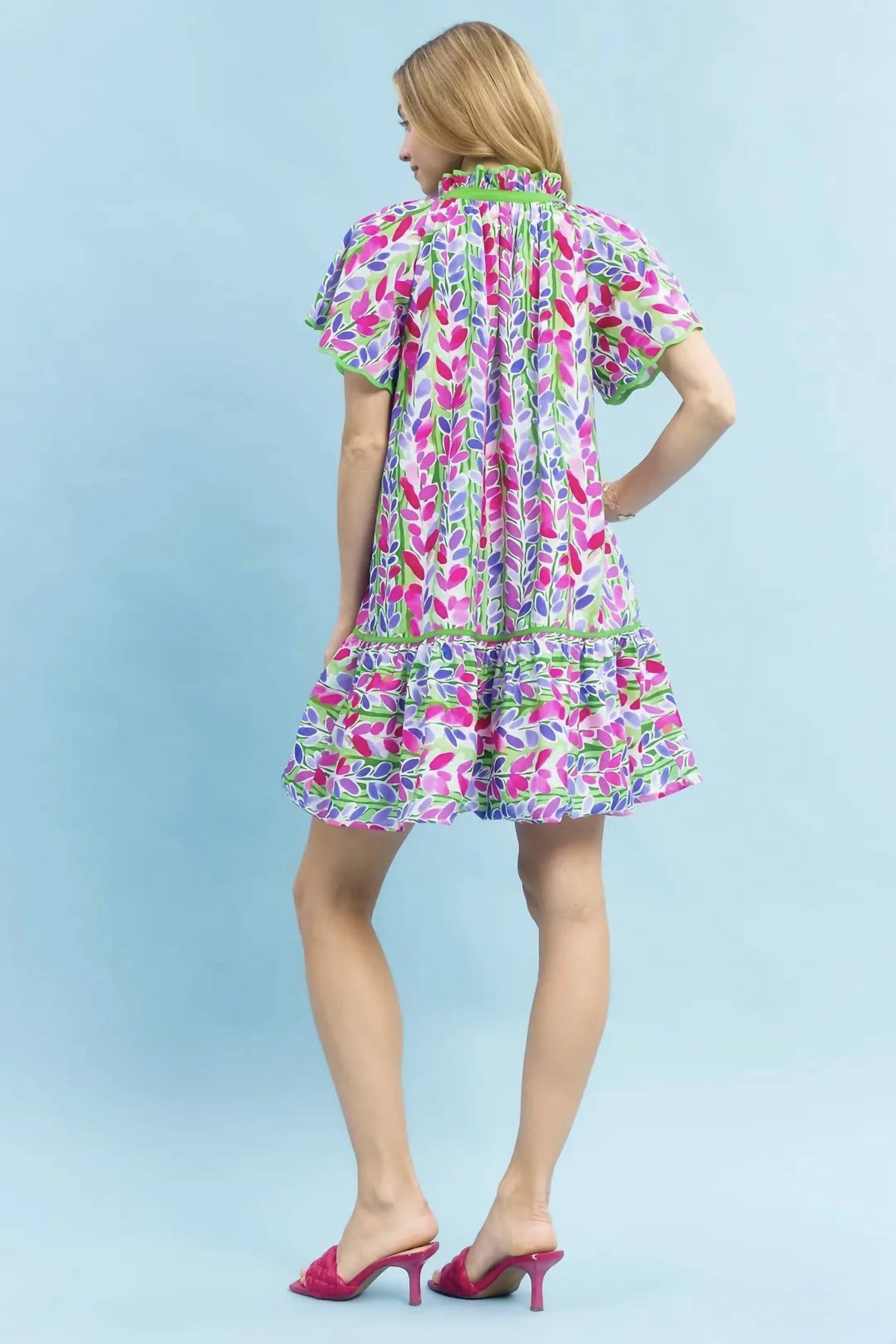 Umgee - Lining Vine Print Butterfly Sleeve Mini Dress