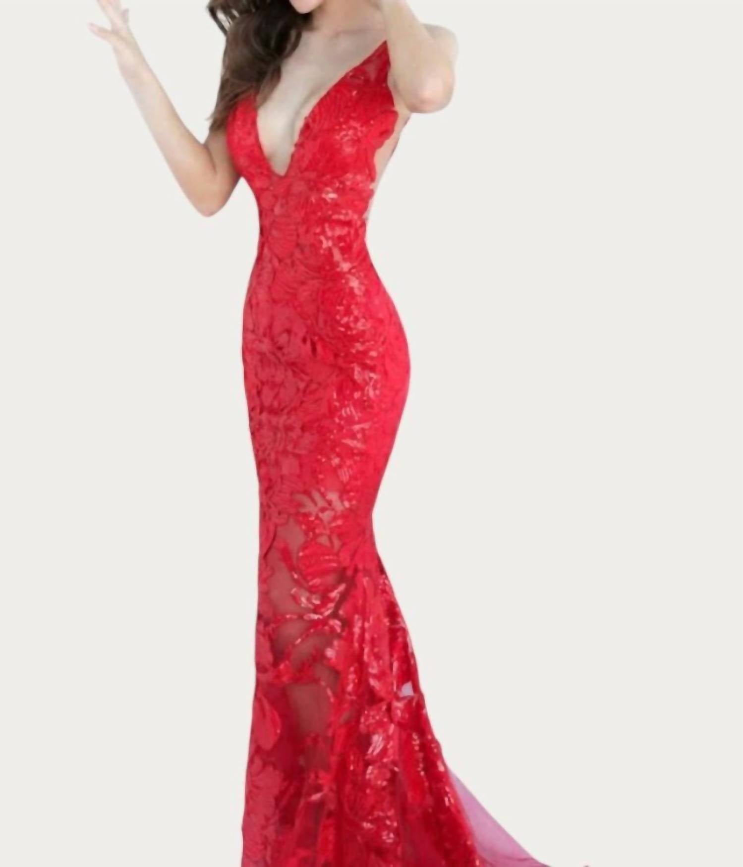 Jovani - Plunging Neckline Embellished Dress