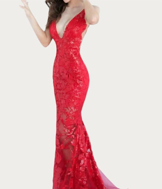 Jovani - Plunging Neckline Embellished Dress