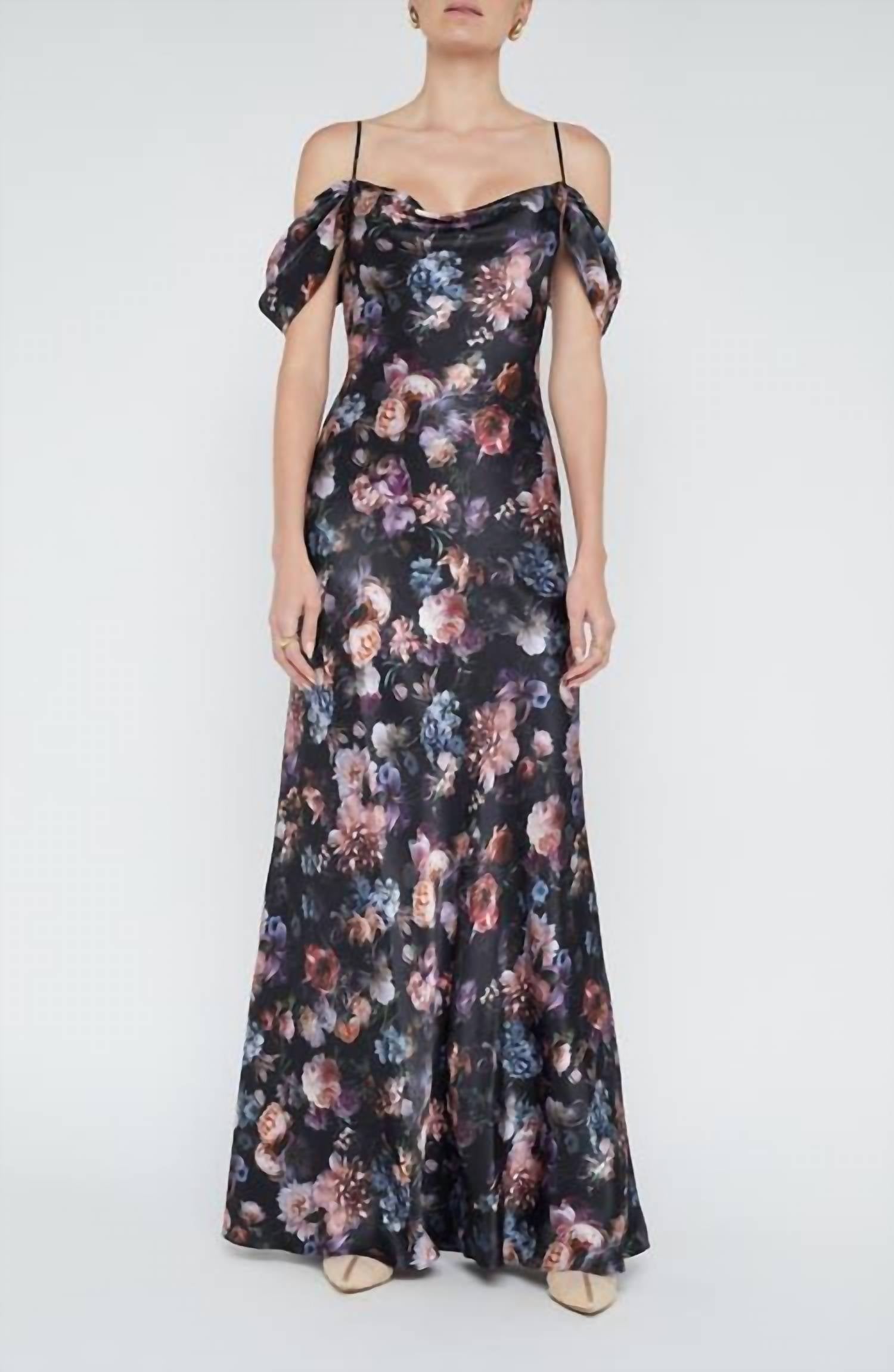 L'Agence Kenna Floral Print Cold Shoulder Silk Maxi Dress in black multi vintage oil flower - women's dress