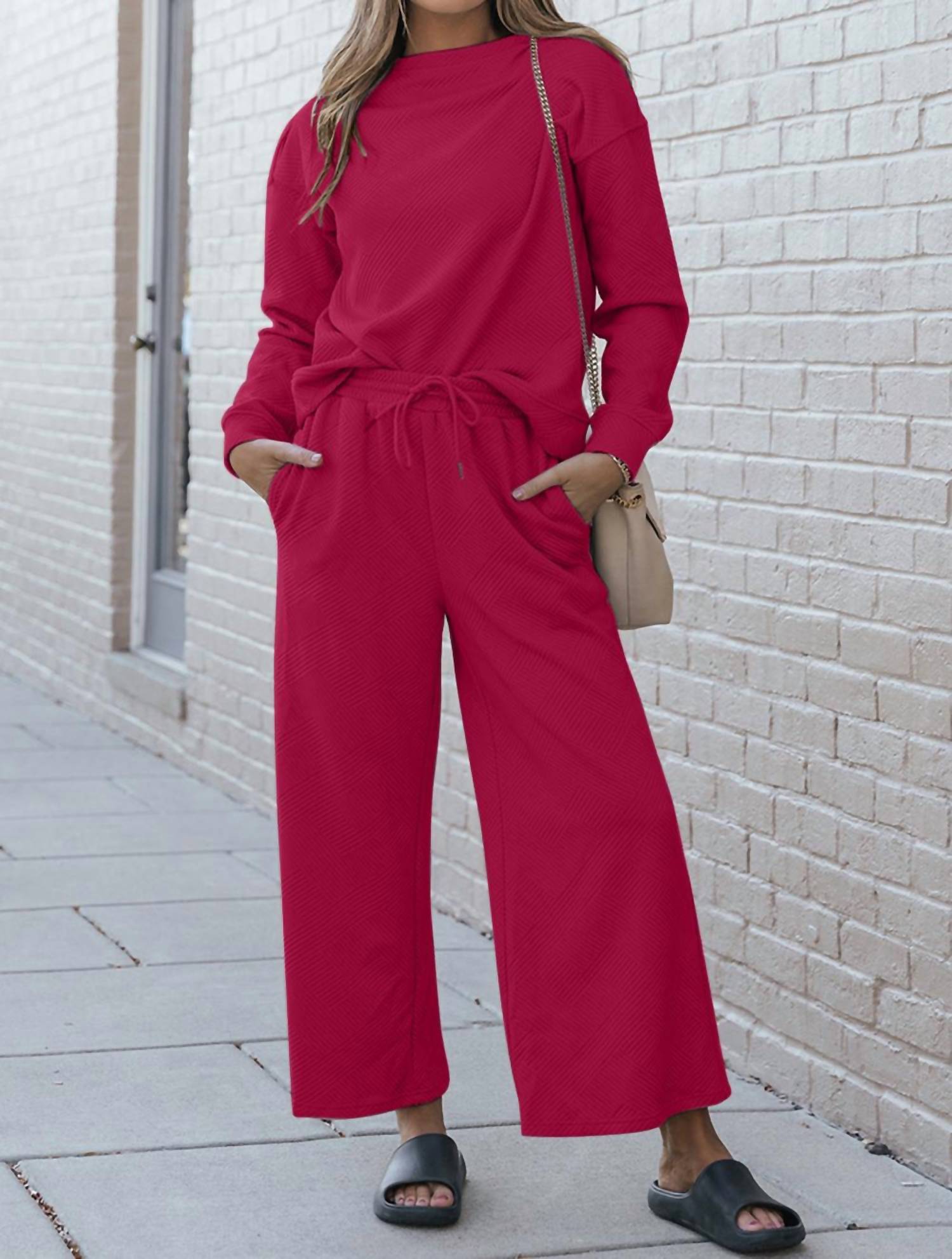 Double Take - Full Size Textured Long Sleeve Top And Drawstring Pants Set