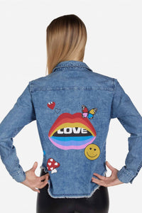 Lauren Moshi Saba Love Collage Button Down Top in denim - women's blouse - alternate view
