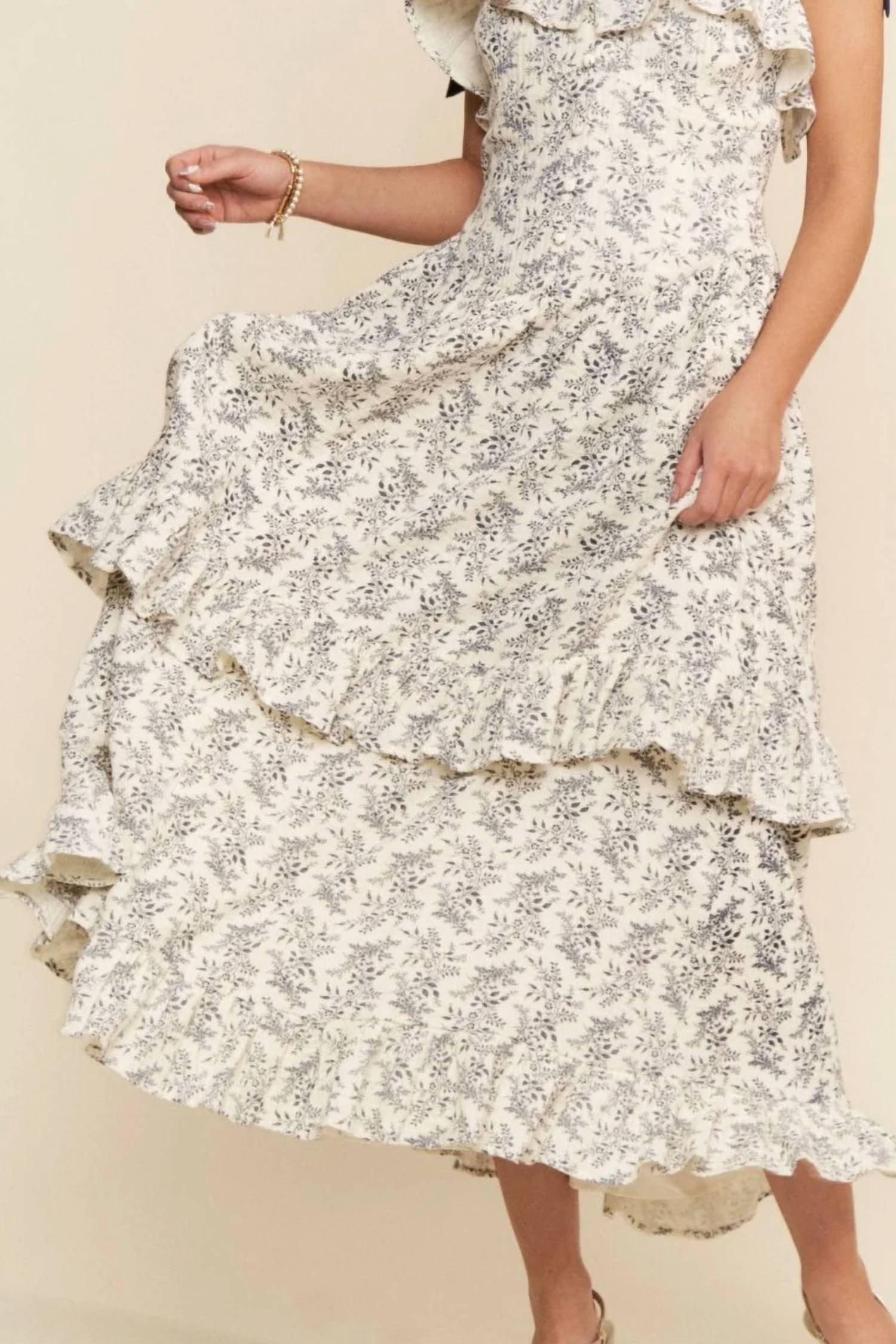 J.Nna - Ruffle Detailed Ribbon Strap Midi Dress