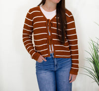 la society Tie Front Stripped V-neck Cardigan in caramel - women's cardigan - view 4