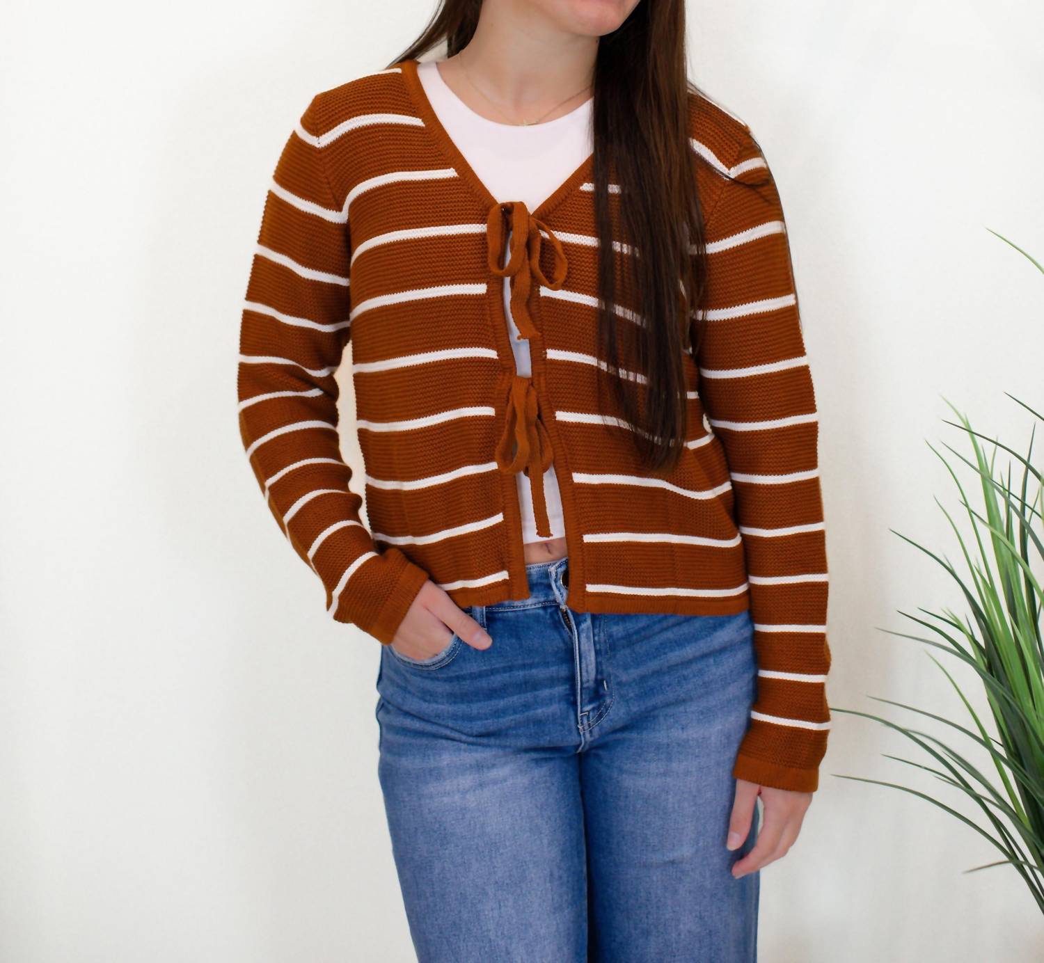 la society Tie Front Stripped V-neck Cardigan in caramel - women's cardigan - view 4
