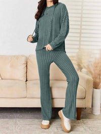 Basic Bae - Full Size Ribbed Drawstring Hooded Top And Straight Pants Set