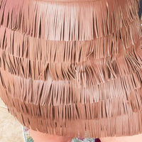 VERY J Vegan Leather Fringe Mini Skirt in mocha - women's skirt - detail view