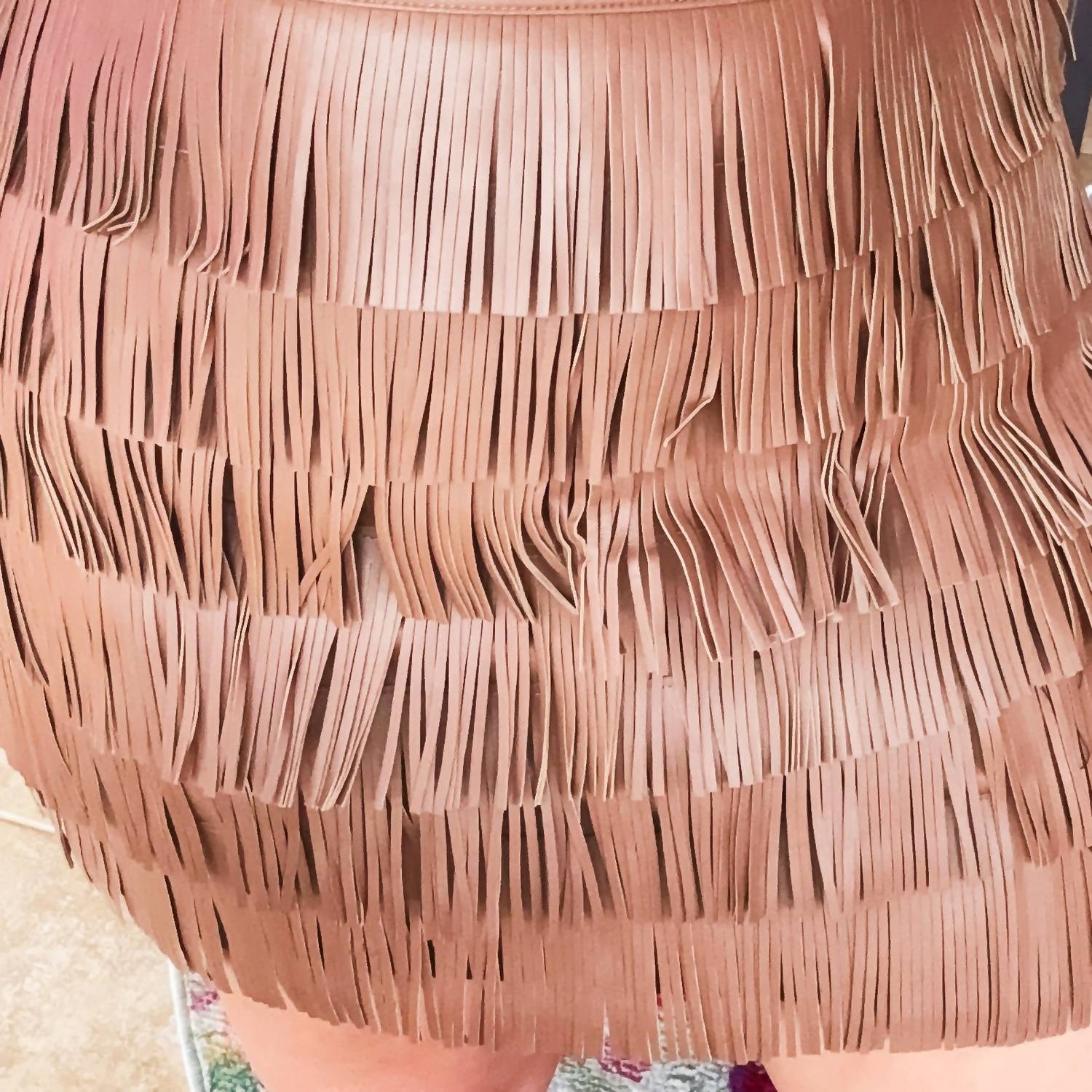 VERY J Vegan Leather Fringe Mini Skirt in mocha - women's skirt - detail view
