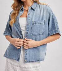 Bluivy - Women's Denim Button Down Short Sleeve Boxy Shirt