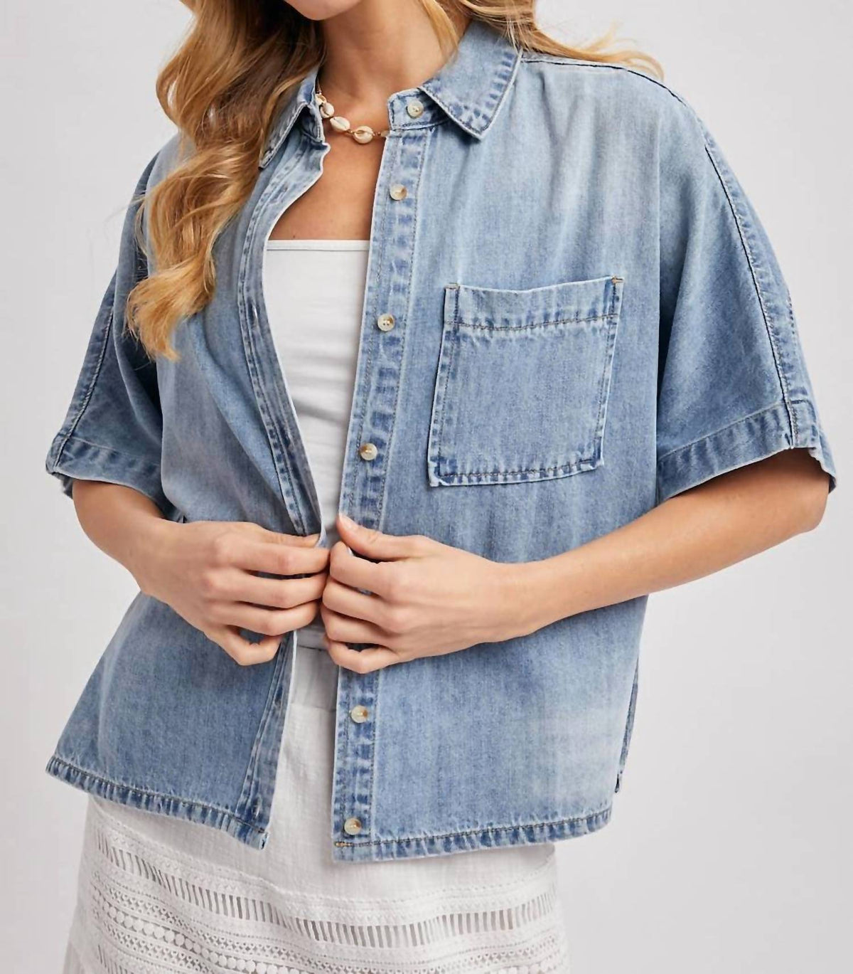 Bluivy - Women's Denim Button Down Short Sleeve Boxy Shirt