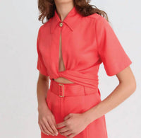 Matthew Bruch Collared Wrap Top in persimmon - women's blouse - detail view